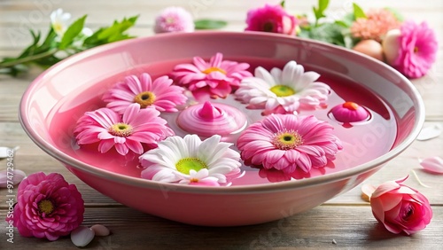 Vibrant pink ceramic pedicure bowl with gentle water ripples, adorned with fresh flowers and pampering essentials, exudes relaxation and spa-like serenity on a white background.