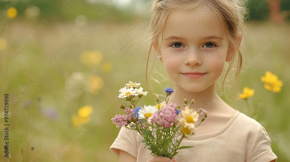 Young caucasian girl holding in her hand a small bouquet of flowers collected in a field on a meadow : Generative AI Young caucasian girl holding in her hand a small bouquet of flowers collected in a field on a meadow : Generative AI