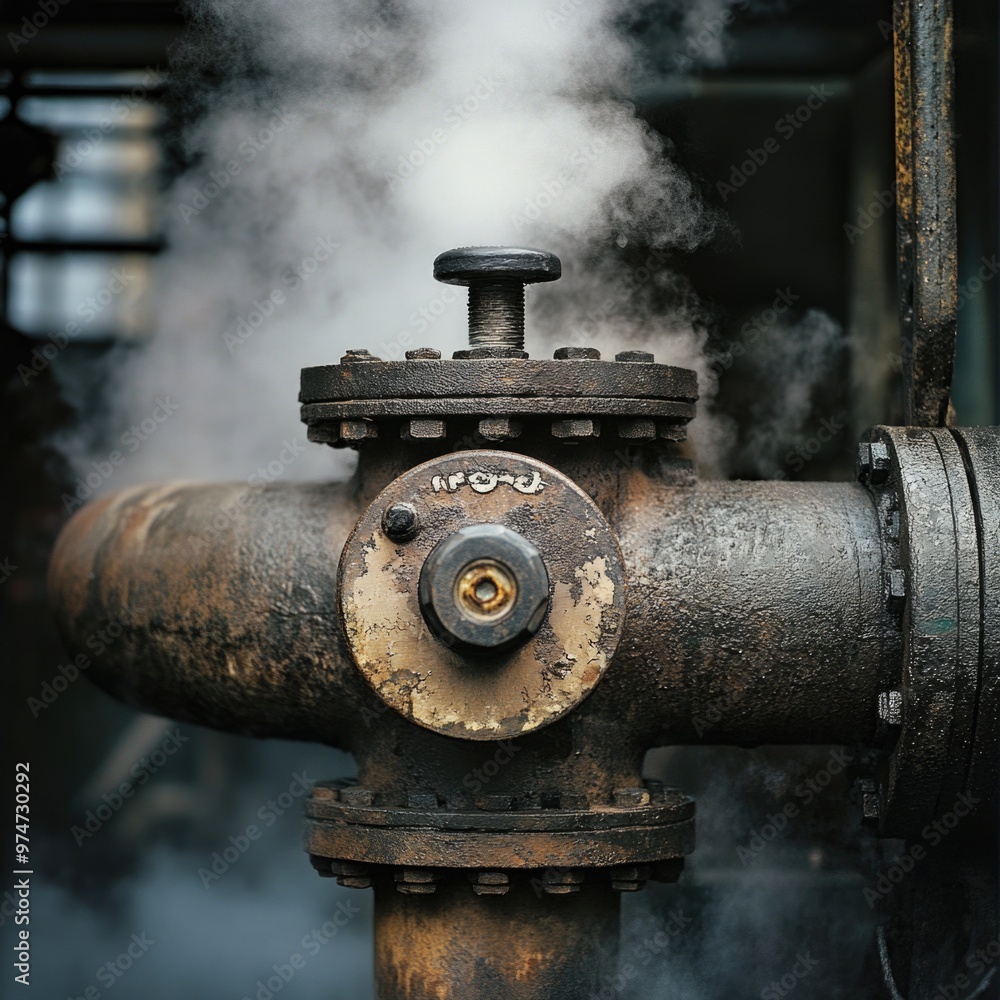 Pipes – Macro Shot of Steam Emitting from a Valve Pipe Offering a Gritty Industrial Feel Pipes – Macro Shot of Steam Emitting from a Valve Pipe Offering a Gritty Industrial Feel