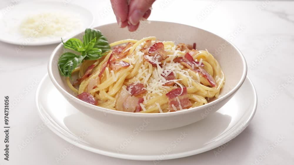 pasta spaghetti cheese falling on bowl basil food on light surface pasta spaghetti cheese falling on bowl basil food on light surface