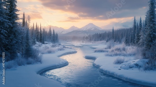 Wallpaper Mural Winter Wonderland: A Serene River Winding Through Snowy Mountains Torontodigital.ca