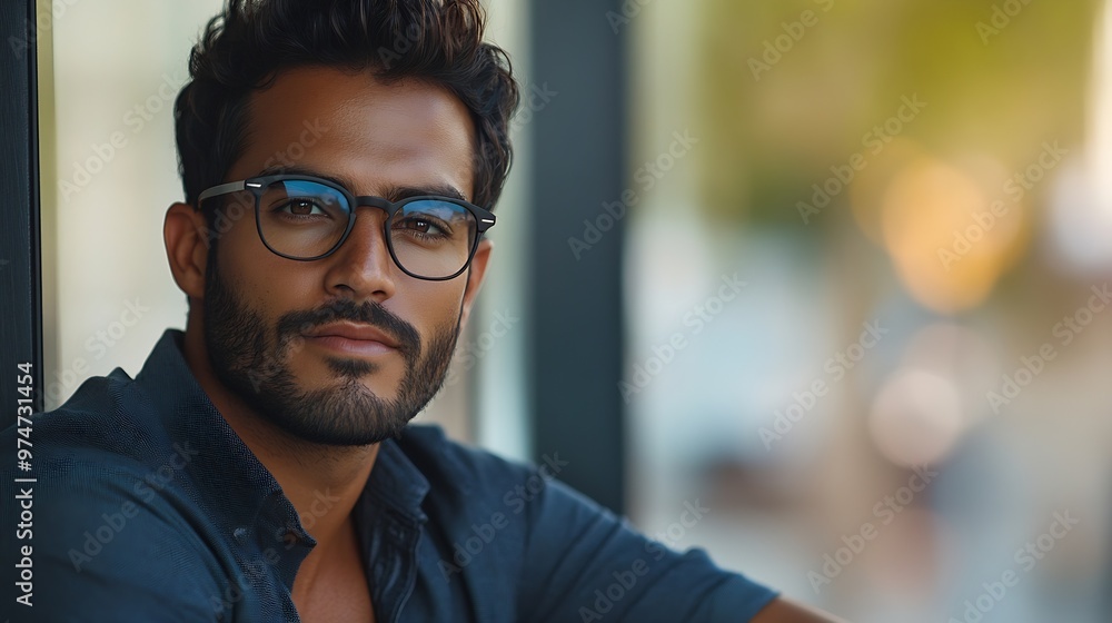 Handsome latin man with singlasses leaning on modern background : Generative AI Handsome latin man with singlasses leaning on modern background : Generative AI