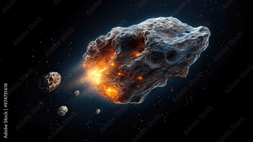 A fiery asteroid hurtles through space, leaving a trail of debris in its wake. The glowing rock is a reminder of the power and beauty of the universe. A fiery asteroid hurtles through space, leaving a trail of debris in its wake. The glowing rock is a reminder of the power and beauty of the universe.