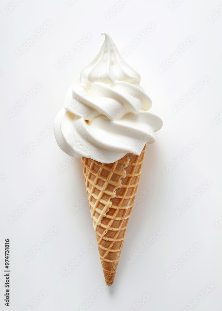 A vanilla ice cream with cone isolated on white background, top view. A vanilla ice cream with cone isolated on white background, top view.