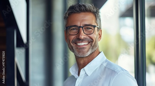 Wallpaper Mural Happy Middle-Aged Professional Businessman, Smiling Mature Executive CEO and Manager. 45-Year-Old Male Entrepreneur, Confident Business Owner Wearing Glasses in an Office Setting. Headshot Portrait Torontodigital.ca