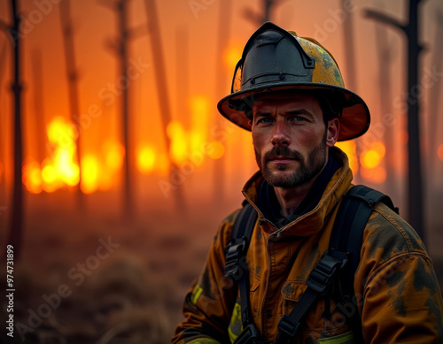 Soot and ash cover a courageous firefighter standing against the Inferno of a wildfire