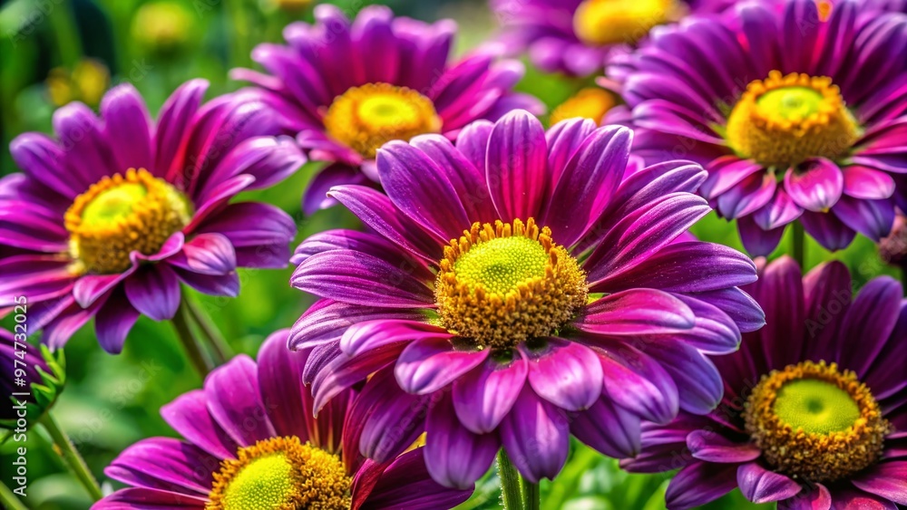 Vibrant purple petals unfurl to reveal bright yellow centers, adding a pop of warm sunshine to a lush, verdant landscape of contrasting colors. Vibrant purple petals unfurl to reveal bright yellow centers, adding a pop of warm sunshine to a lush, verdant landscape of contrasting colors.