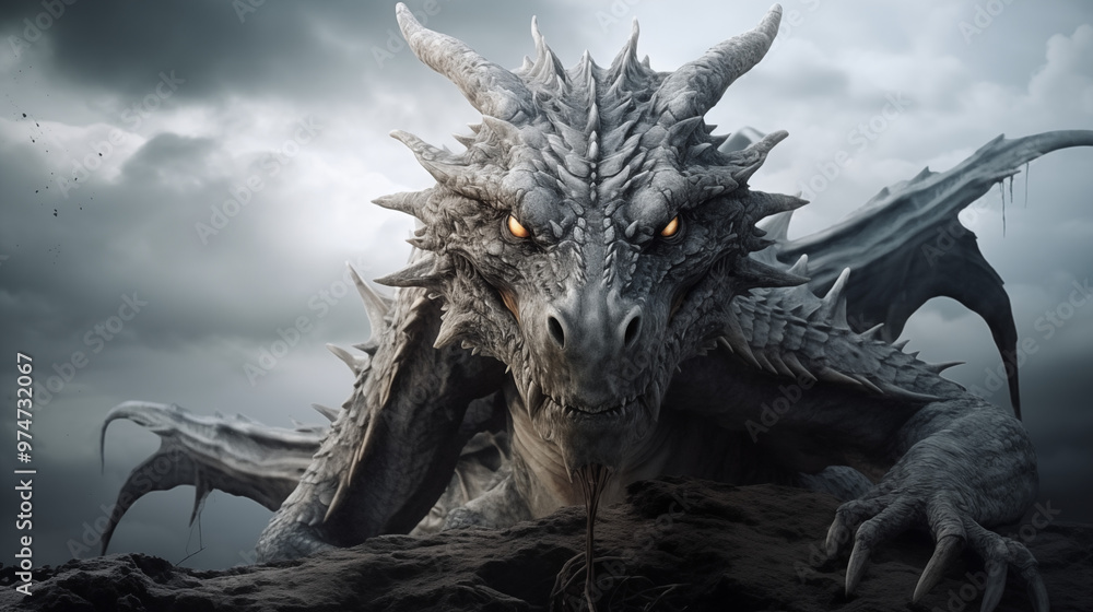 Intimidating dragon with glowing eyes crawling over a rocky surface beneath a stormy sky Intimidating dragon with glowing eyes crawling over a rocky surface beneath a stormy sky