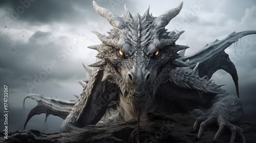 Intimidating dragon with glowing eyes crawling over a rocky surface beneath a stormy sky