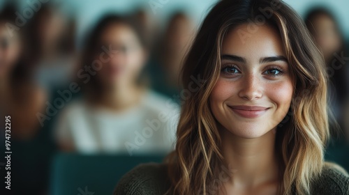 A cheerful woman with long flowing hair smiles gently as she looks towards the camera, seated in a room filled with blurred faces, capturing a moment of joy.