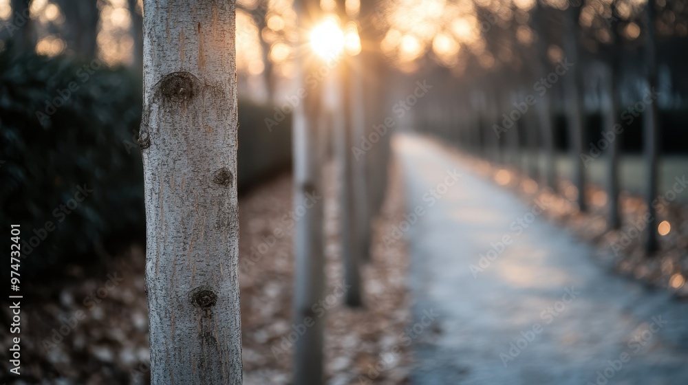 A picturesque pathway through a park lined with bare trees, captured at sunrise, with golden sunlight casting long shadows and a serene, yet melancholic atmosphere. A picturesque pathway through a park lined with bare trees, captured at sunrise, with golden sunlight casting long shadows and a serene, yet melancholic atmosphere.
