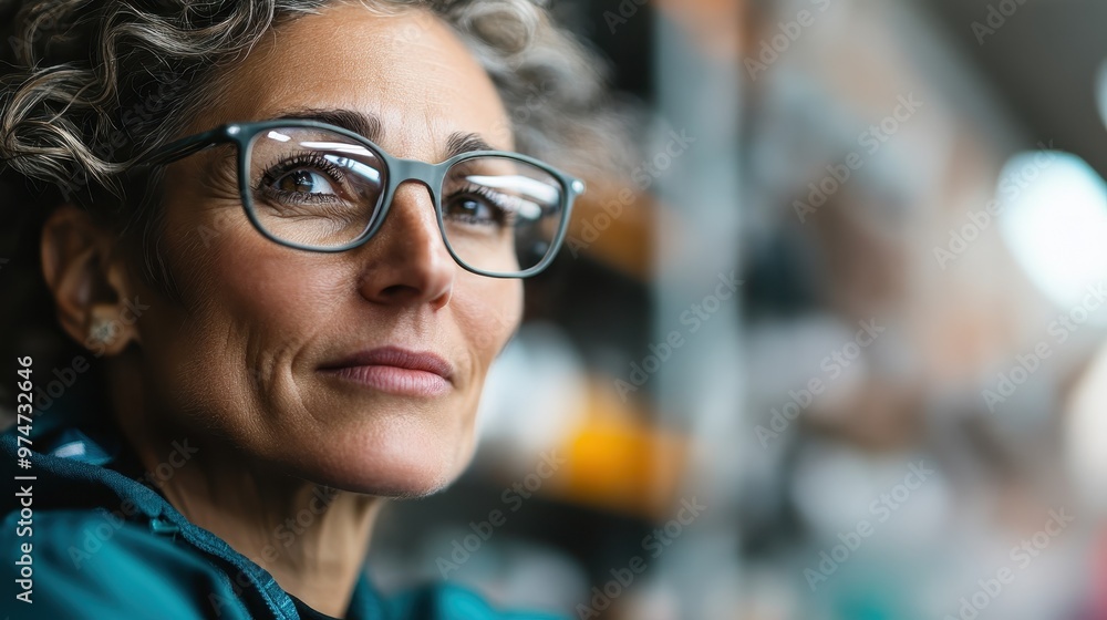 A mature woman with curly hair and glasses looks thoughtfully into the distance, embodying confidence and intellect in a contemporary indoor environment. A mature woman with curly hair and glasses looks thoughtfully into the distance, embodying confidence and intellect in a contemporary indoor environment.