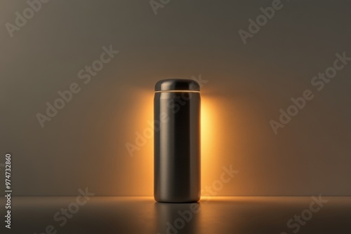 A sleek, metallic thermos with a warm glow, ideal for storing beverages.