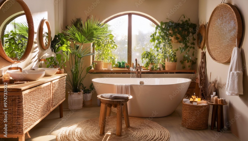 Relaxing bohemian bathroom with rattan accents and lush greenery for a natural feel Relaxing bohemian bathroom with rattan accents and lush greenery for a natural feel