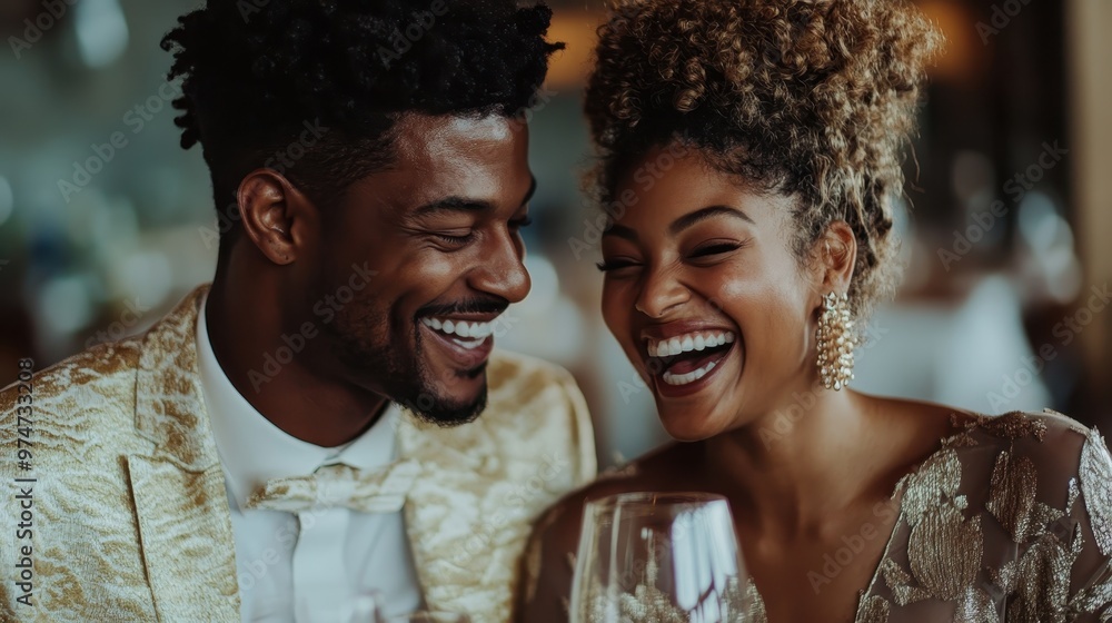 A happy, elegant couple laughing heartily while sitting together at a sophisticated dinner event, both dressed in luxurious attire with warm lighting ambiance. A happy, elegant couple laughing heartily while sitting together at a sophisticated dinner event, both dressed in luxurious attire with warm lighting ambiance.