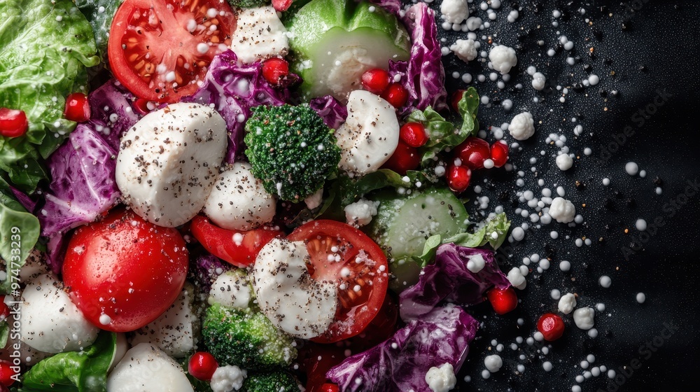 A colorful and fresh salad composed of tomatoes, leafy greens, mozzarella cheese, broccoli, and red cabbage on a dark background, showcasing healthy eating. A colorful and fresh salad composed of tomatoes, leafy greens, mozzarella cheese, broccoli, and red cabbage on a dark background, showcasing healthy eating.