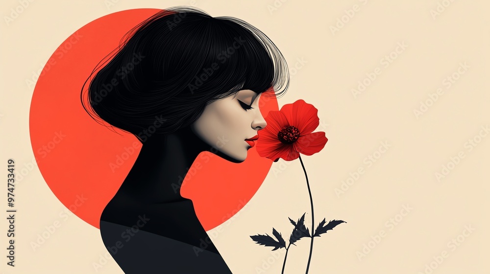 Elegant woman with short black hair smelling a red flower against a red circle background. Elegant woman with short black hair smelling a red flower against a red circle background.
