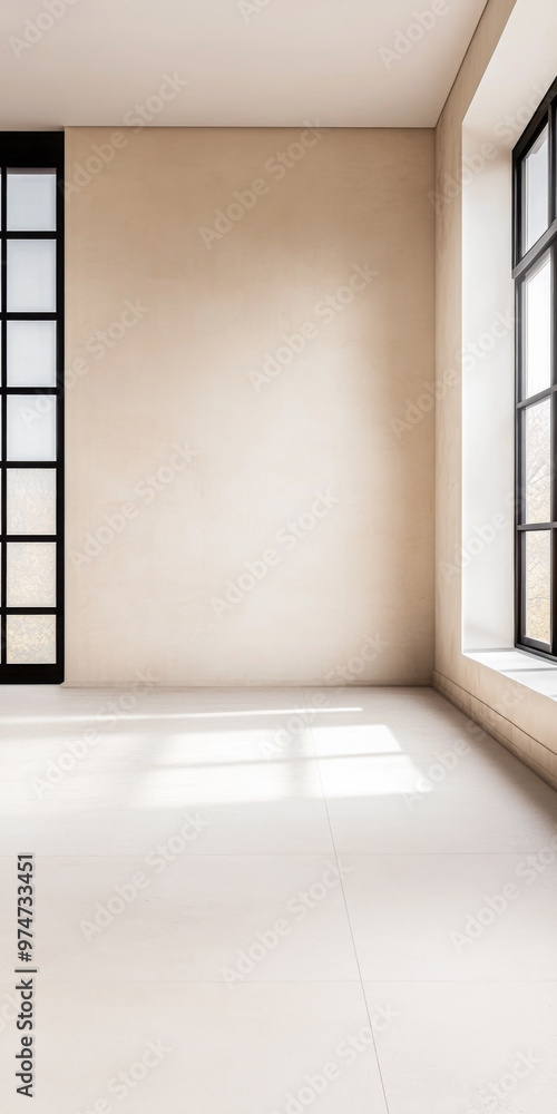 Empty room interiors in warm tones with a mix of natural window lighting and shadows. Minimalist apartment interior Empty room interiors in warm tones with a mix of natural window lighting and shadows. Minimalist apartment interior