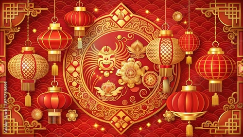 Vibrant red and gold banner with intricate Chinese motifs, decorative lanterns, and joyful characters, perfect for celebrating the Lunar New Year festivities digitally.