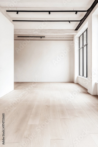 Empty room interiors in warm tones with a mix of natural window lighting and shadows. Minimalist apartment interior