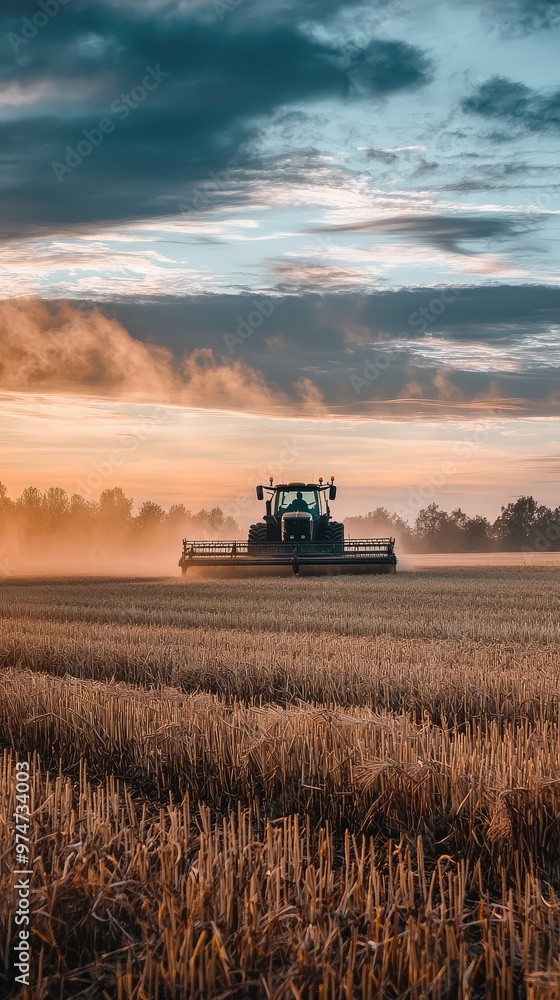 Fototapeta premium A lone tractor cuts through a field of golden stubble, the sun setting in a sky of layered clouds. A symphony of nature's artistry.