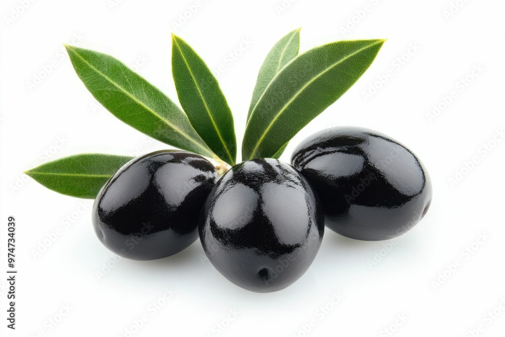 Isolated olives. Three black olive fruits on a branch with leaves isolated on white background, black olives with leaves Isolated olives. Three black olive fruits on a branch with leaves isolated on white background, black olives with leaves