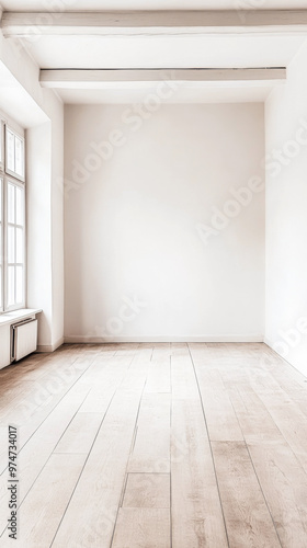 Empty room interiors in warm tones with a mix of natural window lighting and shadows. Minimalist apartment interior