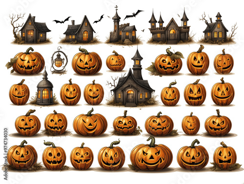 Halloween, Jack o'lantern, Halloween pumpkins with smiling faces and scarecrows, witches castle. Graphic resources for parties or decorations, image on a transparent background photo