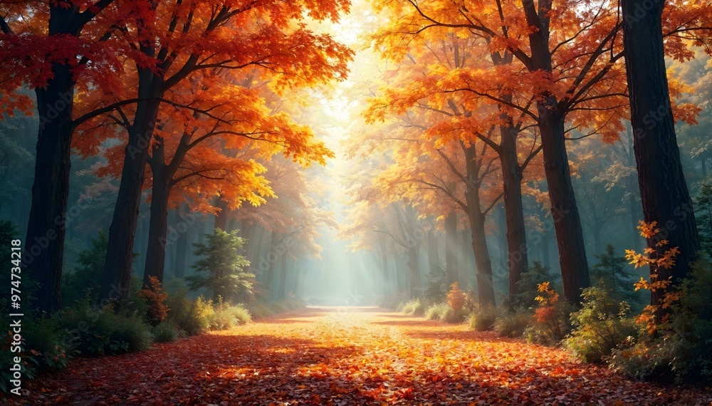 Equinox Serenity: A High-Resolution Artistic Depiction of Forest at September Equinox with Autumn Colors and Sunlit Canopy Equinox Serenity: A High-Resolution Artistic Depiction of Forest at September Equinox with Autumn Colors and Sunlit Canopy