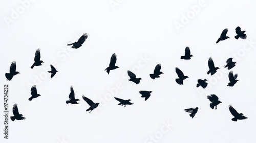 crows flock silhouette isolated on white background