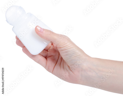 Roll-on deodorant for women in hand on white background isolation