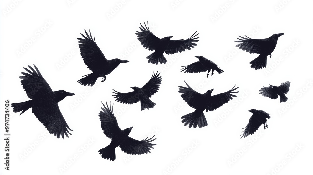 crows flock silhouette isolated on white background crows flock silhouette isolated on white background