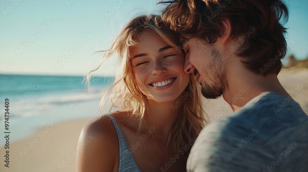 Handsome couple in love hugging while walking along the beach on sunny day High quality photo : Generative AI Handsome couple in love hugging while walking along the beach on sunny day High quality photo : Generative AI
