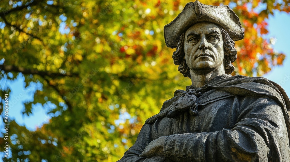 Statue of a historical figure surrounded by autumn foliage in a park Statue of a historical figure surrounded by autumn foliage in a park