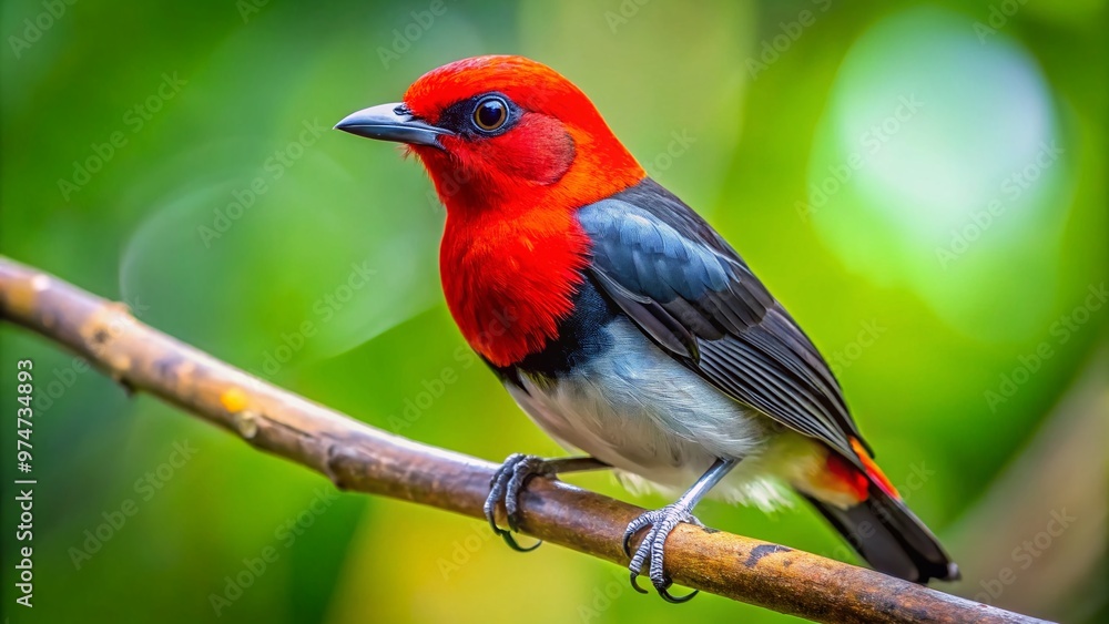 Vibrant red-headed black-bodied bird with sleek plumage, sharp beak, and piercing eyes perches on a branch, showcasing its striking contrasting colors in natural habitat. Vibrant red-headed black-bodied bird with sleek plumage, sharp beak, and piercing eyes perches on a branch, showcasing its striking contrasting colors in natural habitat.