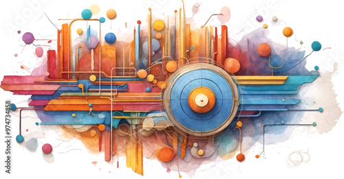 Vibrant Abstract Wave of Smart City with Multilayered Color Texture and Digital Elements - Global Technology and Social Network Concept for Web Banner Design