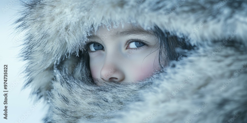 Close-up of girl's eye hidden in fur. Close-up of girl's eye hidden in fur.
