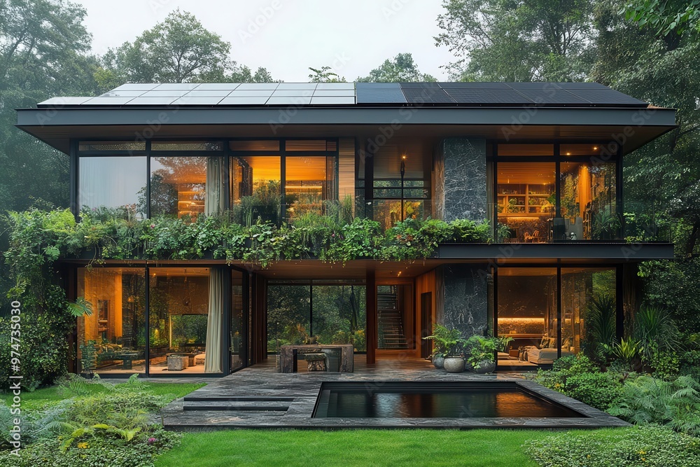 modern ecofriendly home with sleek solar panels seamlessly integrated into its angular roof design lush greenery and sustainable materials emphasize harmony with nature modern ecofriendly home with sleek solar panels seamlessly integrated into its angular roof design lush greenery and sustainable materials emphasize harmony with nature