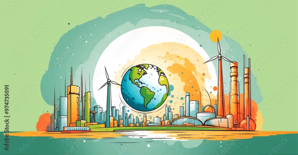 Sustainability illustration set. ESG, green energy, sustainable industry with windmills and solar energy panels. Environmental, Social, and Corporate Governance concept. Vector illustration. Sustainability illustration set. ESG, green energy, sustainable industry with windmills and solar energy panels. Environmental, Social, and Corporate Governance concept. Vector illustration.
