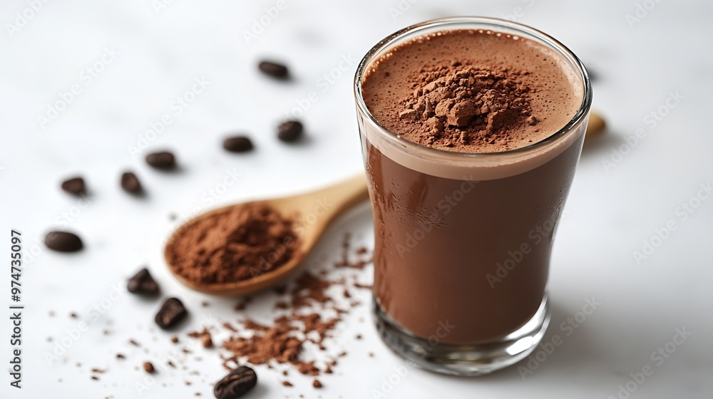 Glass of hot chocolate drink with cocoa powder in wooden spoon isolated on white background : Generative AI Glass of hot chocolate drink with cocoa powder in wooden spoon isolated on white background : Generative AI