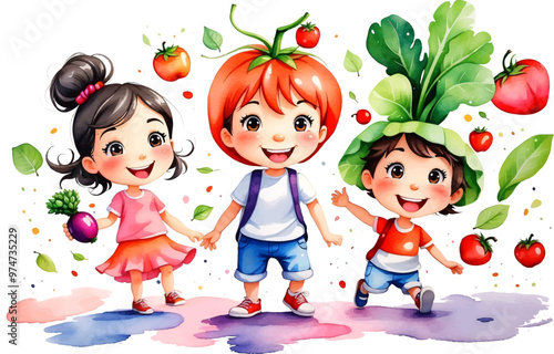 Kids eating healthy breakfast in vegetables and fruits illustration. Vector Illustration Of Food Concept Design. watercolor style