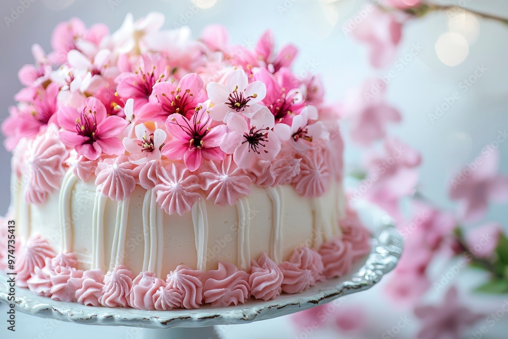 A Delicate White Cake Topped with Pink Flowers and Frosting A Delicate White Cake Topped with Pink Flowers and Frosting