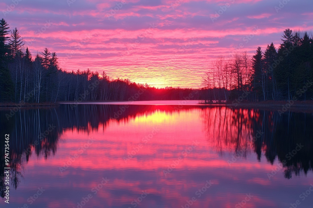 Fototapeta premium Pink and Purple Sunset Reflected in a Calm Lake