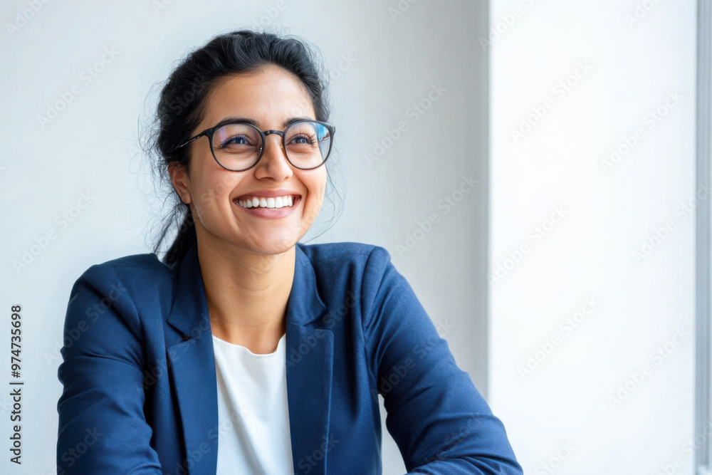 An Indian businesswoman in her 30s, wearing glasses, is happily smiling while sitting in her office in front of a window. An Indian businesswoman in her 30s, wearing glasses, is happily smiling while sitting in her office in front of a window.