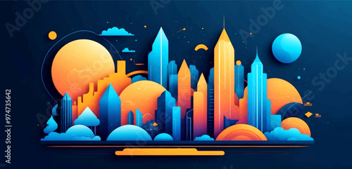 Vibrant Abstract Wave of Smart City with Multilayered Color Texture and Digital Elements - Global Technology and Social Network Concept for Web Banner Design