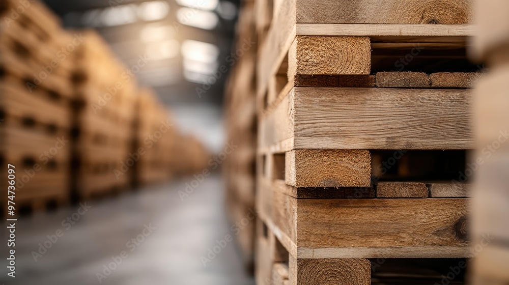 A close-up view of wooden pallets stacked high in a large warehouse, highlighting the attention to detail and the orderly manner in which raw materials are stored for future use.