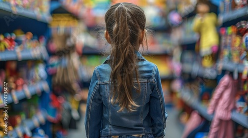 A girl is standing in a toy store aisle looking at the toys