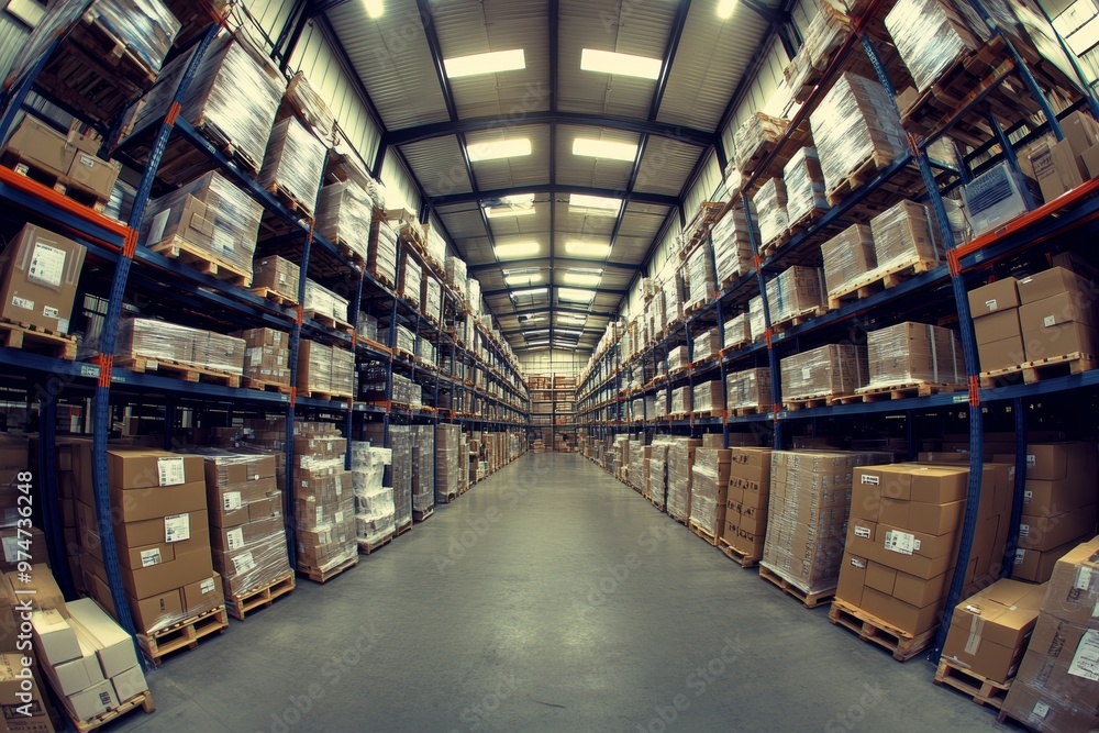 A modern industrial warehouse with high shelves and organized storage for efficient logistics A modern industrial warehouse with high shelves and organized storage for efficient logistics