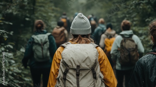 Wallpaper Mural A tour group sporting various styles of backpacks traverses a natural forest path. The central figure wears a grey beanie and a light grey backpack. Torontodigital.ca