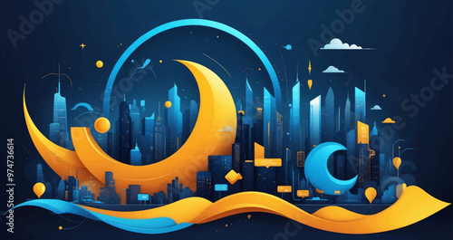 Vibrant Abstract Wave of Smart City with Multilayered Color Texture and Digital Elements - Global Technology and Social Network Concept for Web Banner Design